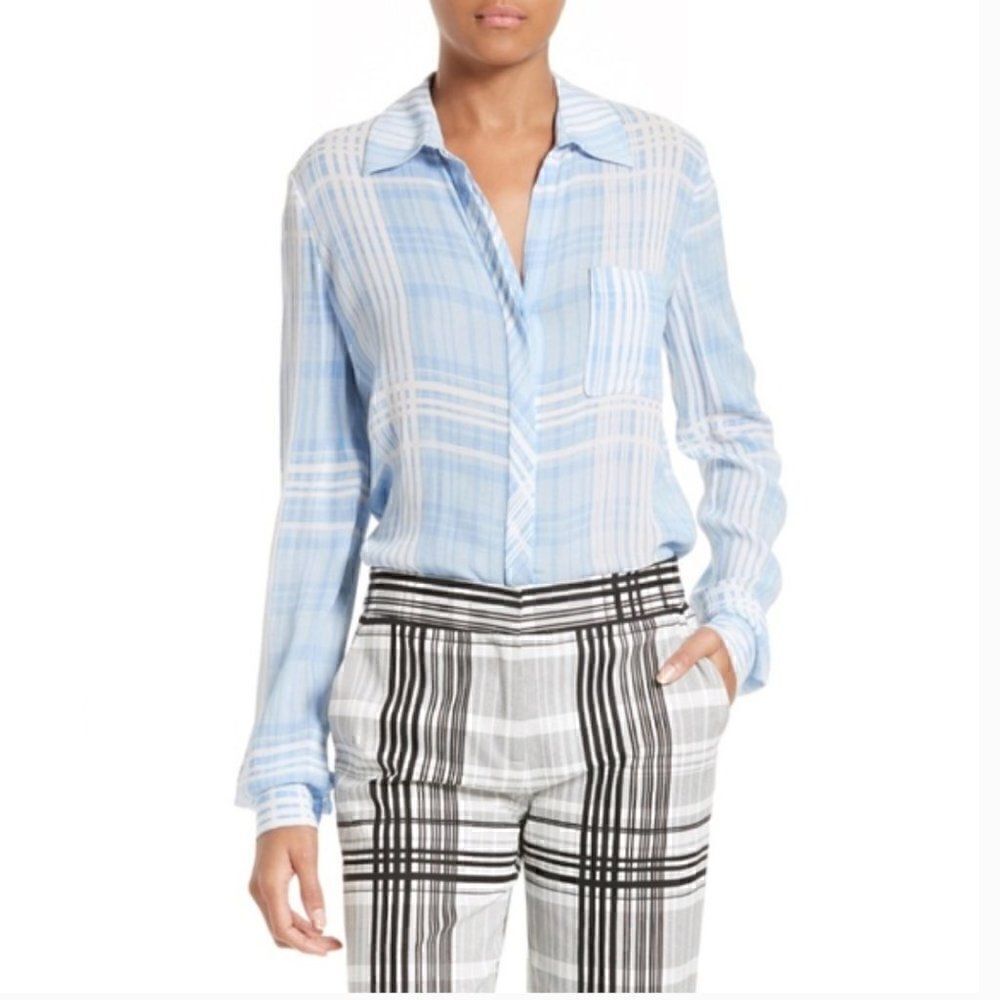 Diane Von Furstenberg DVF Blue and White Carter Plaid Button Down Shirt 8